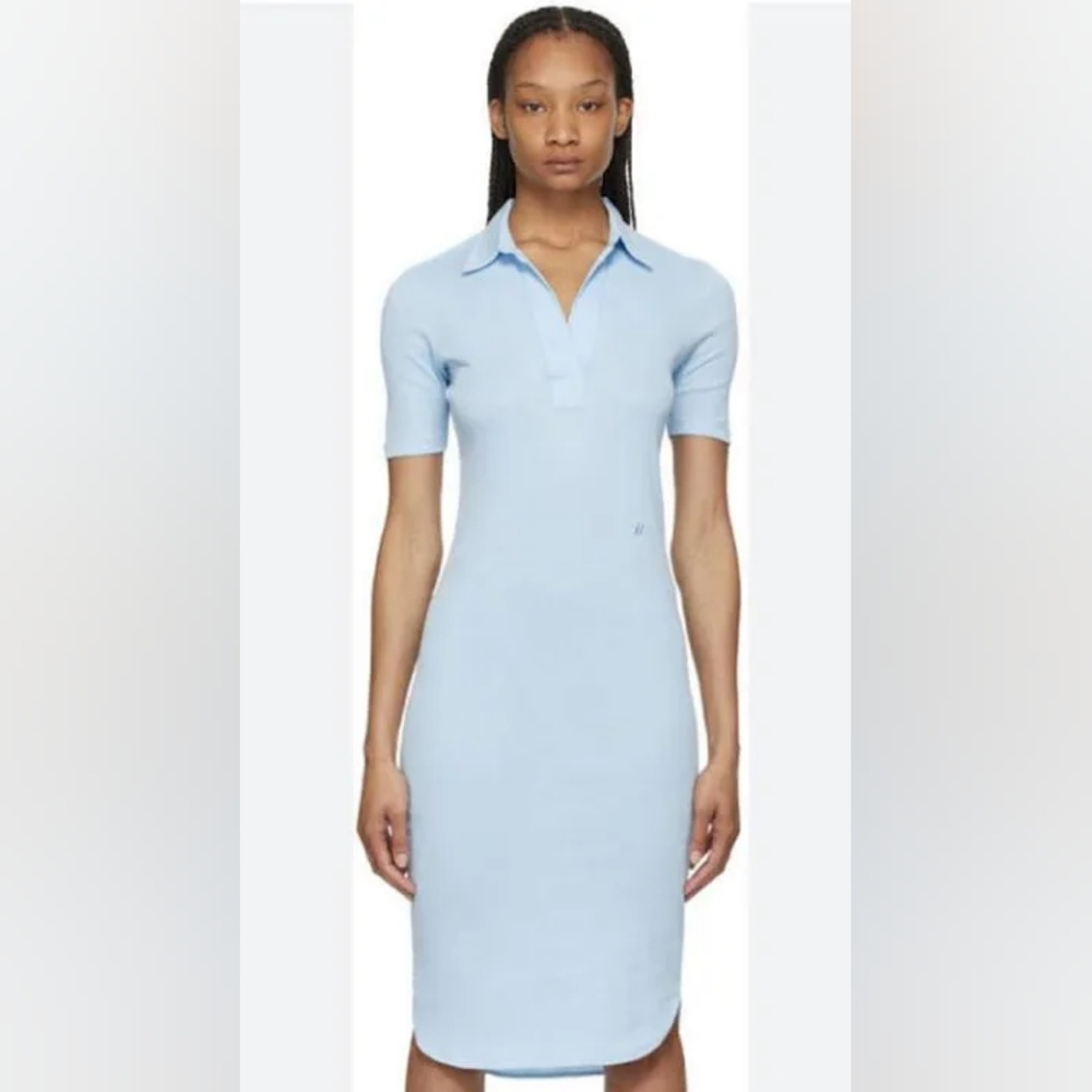 NWOT! Helmut Lang Light Blue Short Sleeve Midi Ribbed Shirt Dress, Size M